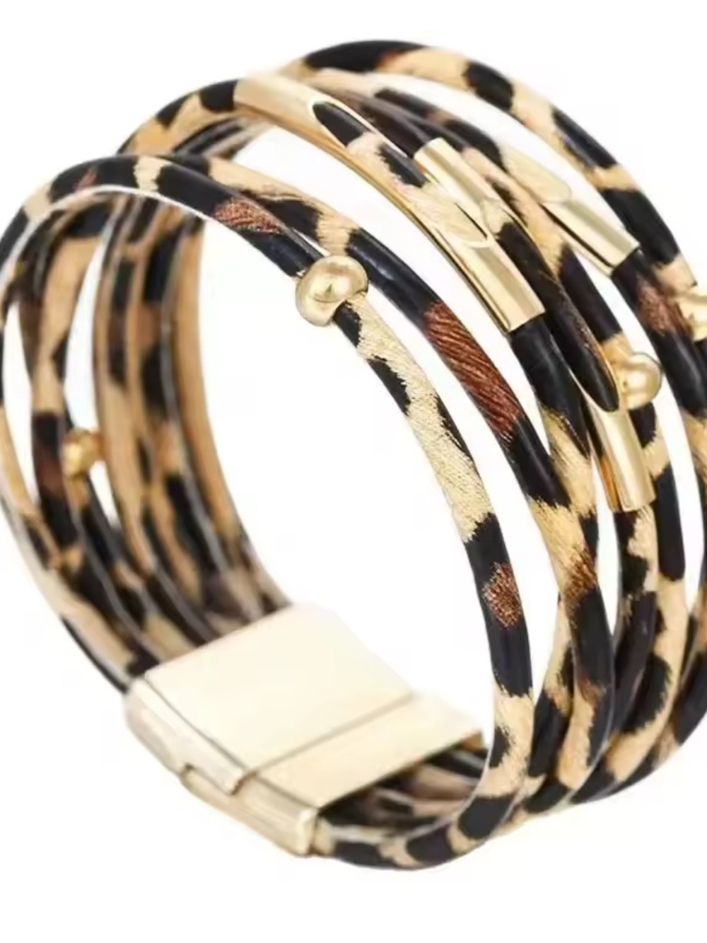 Leopard Print Multi-Wrap Leather Bracelet with Gold Beads B04-03 - Picture 6 of 9